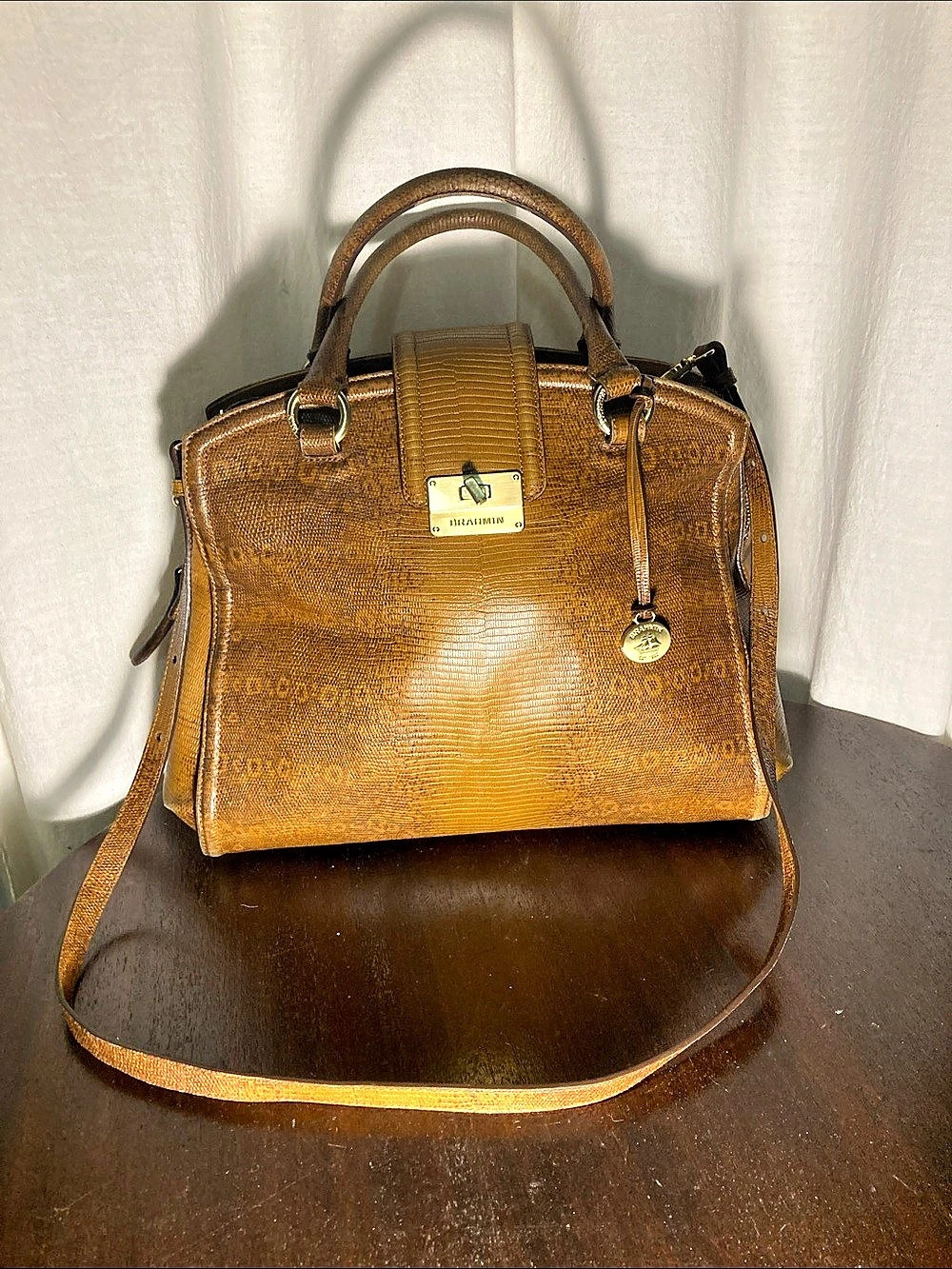 Brahmin Snake Embossed Dayan Satchel Brown Satchel